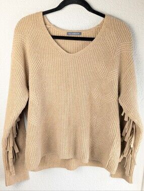 Alashan Fringe Sweater M Merino Wool Cashmere Tan Western Inspired Boho Soft
